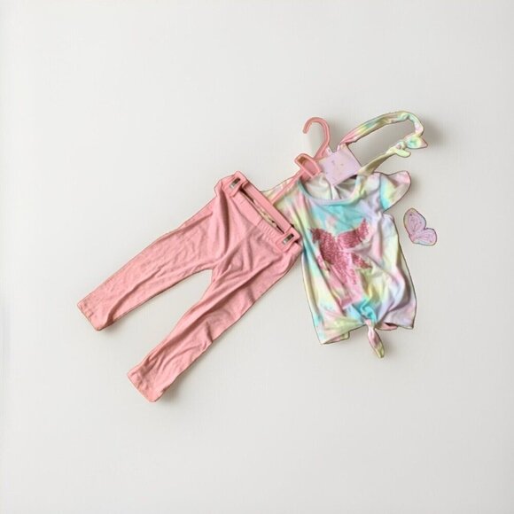 Btween Girls 2T Unicorn Graphic Tie Dye Tee, Pink Pants, Matching Scrunchie New - Picture 1 of 8